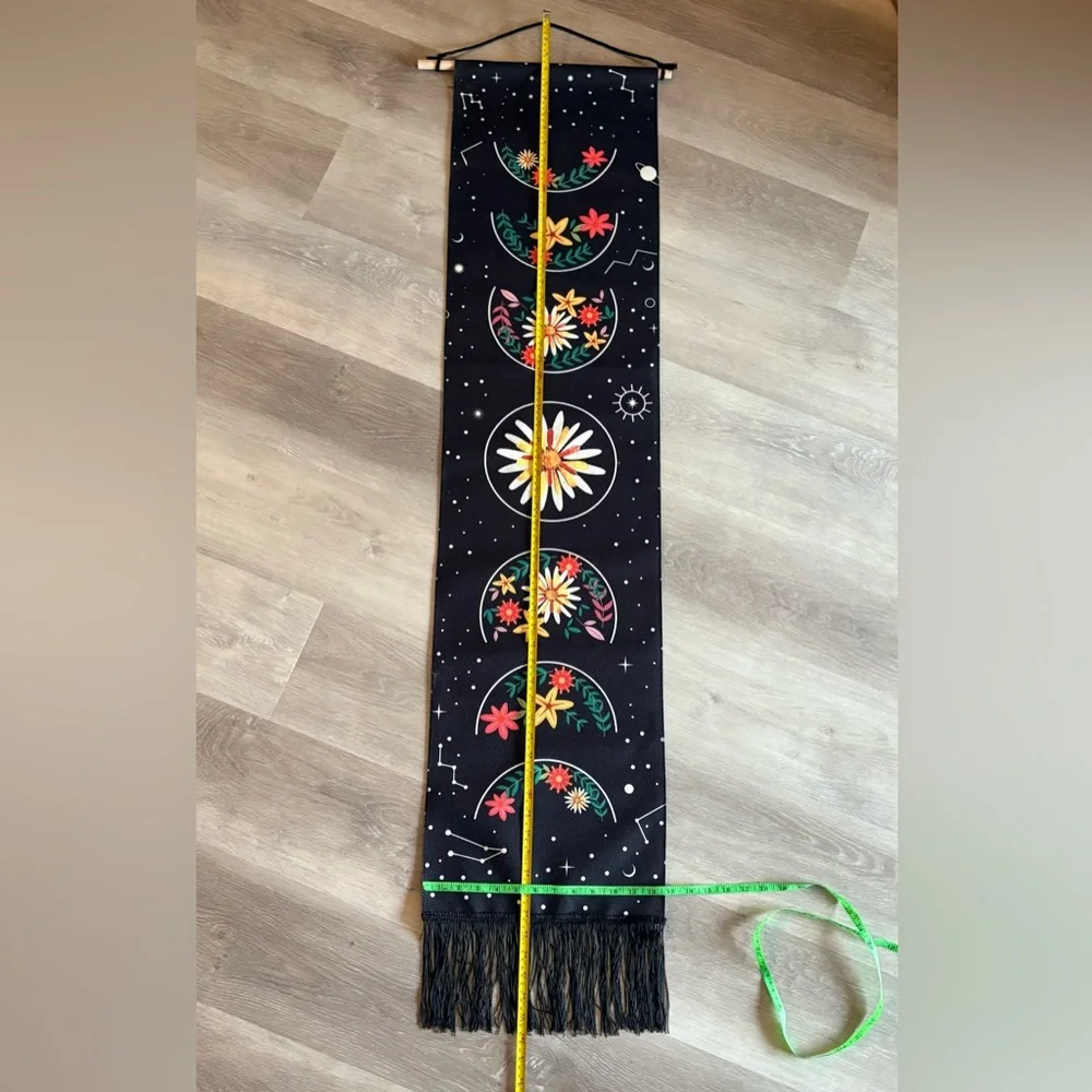 Long Tapestry Black Boho Wall Hanging Floral Moon Phase Design with Fringe